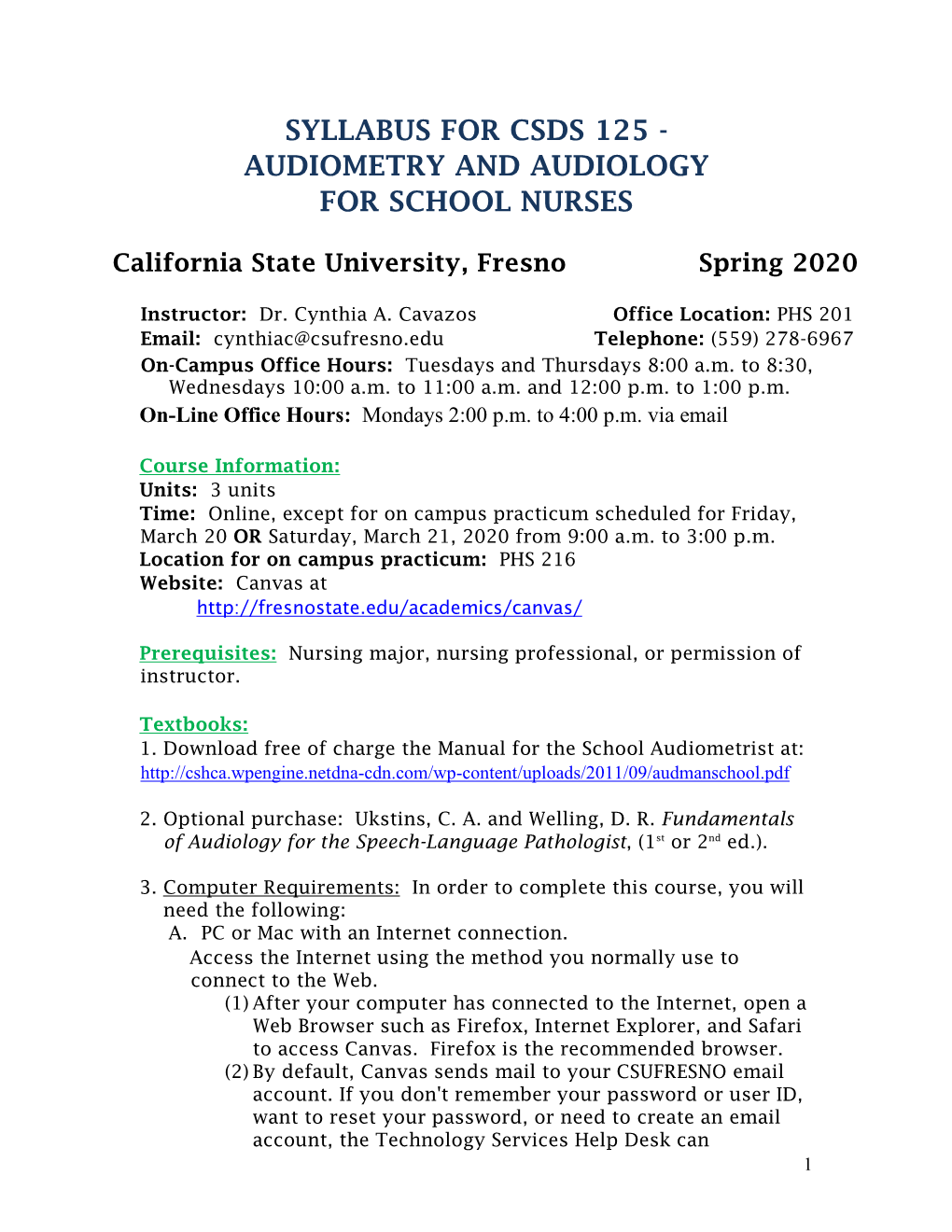 Syllabus for Csds 125 - Audiometry and Audiology for School Nurses