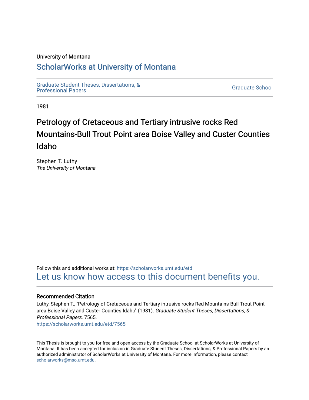 Petrology of Cretaceous and Tertiary Intrusive Rocks Red Mountains-Bull Trout Point Area Boise Valley and Custer Counties Idaho