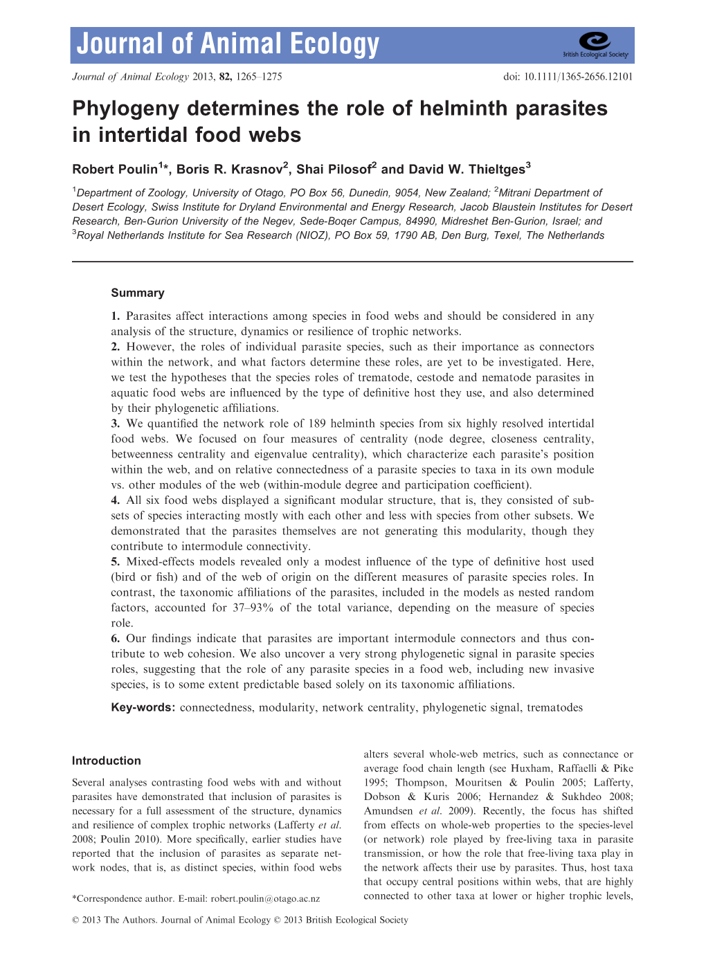 Phylogeny Determines the Role of Helminth Parasites in Intertidal Food Webs