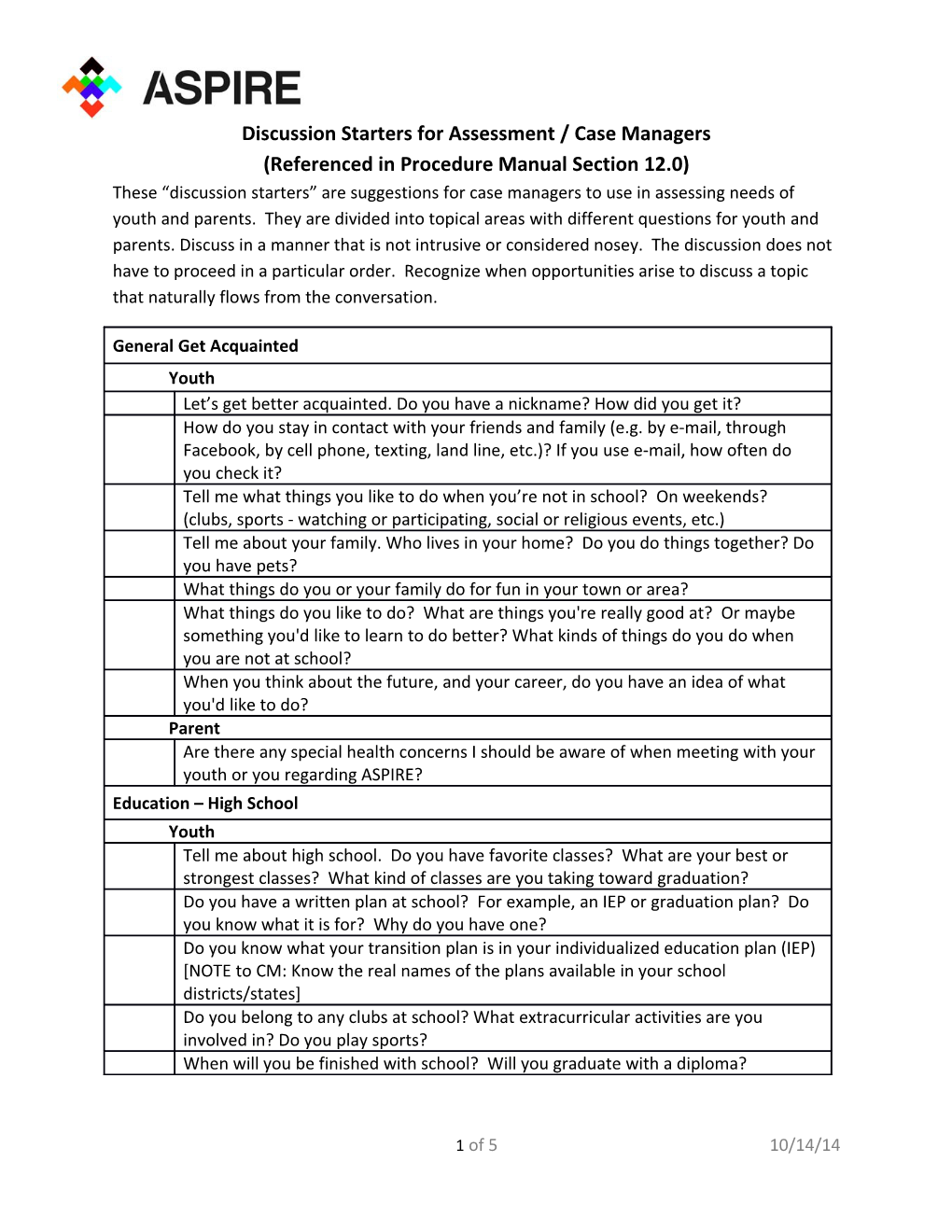 Discussion Starters for Assessment / Case Managers