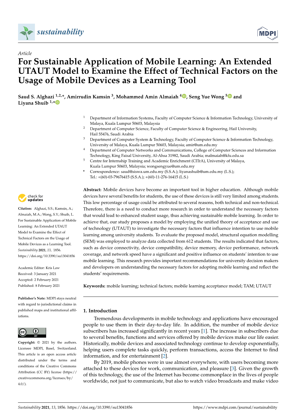 For Sustainable Application of Mobile Learning: an Extended UTAUT Model to Examine the Effect of Technical Factors on the Usage of Mobile Devices As a Learning Tool