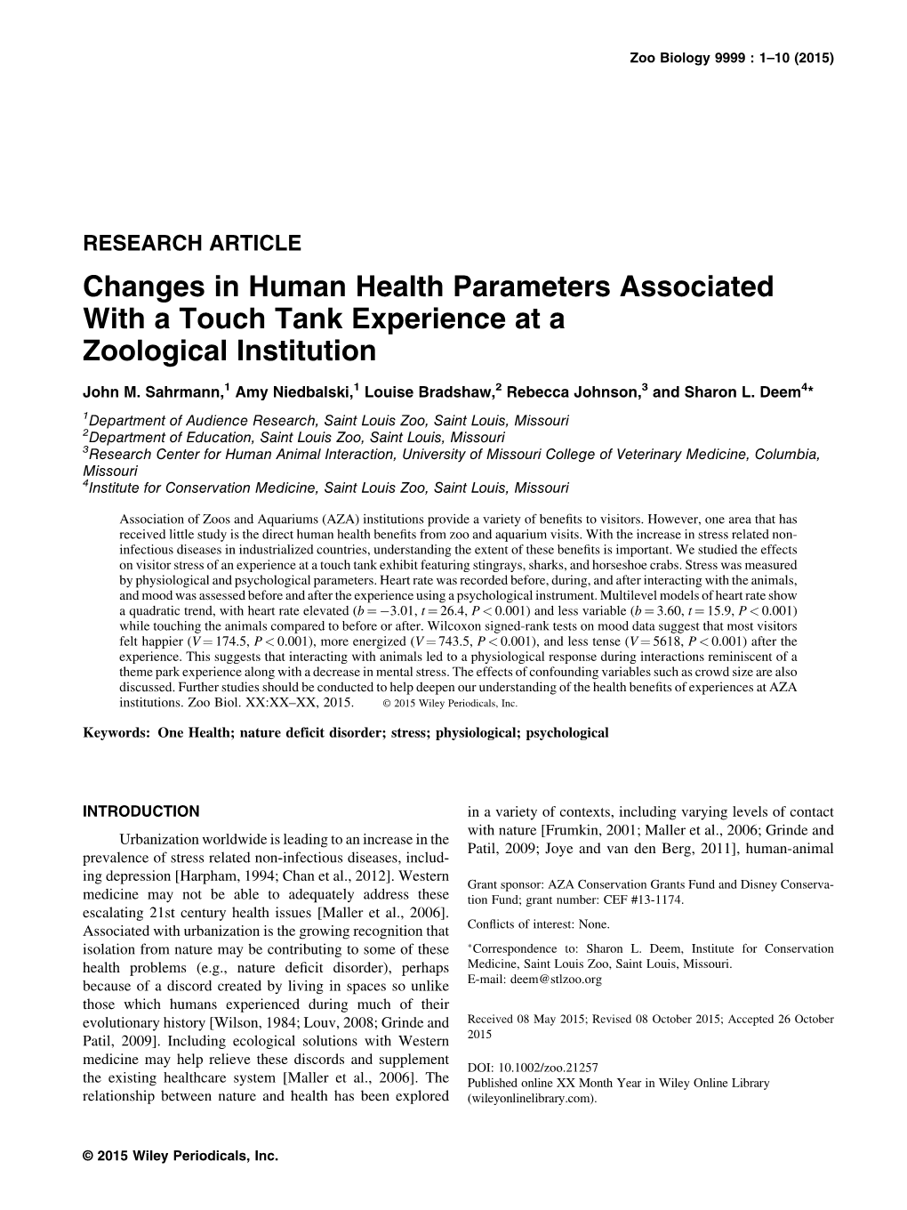 Changes in Human Health Parameters Associated with a Touch Tank Experience at a Zoological Institution