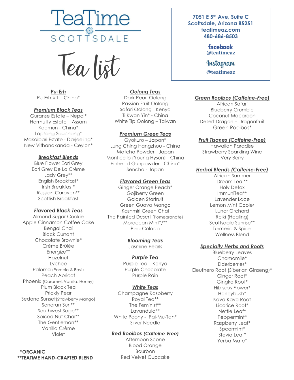 Tea Menu 2020