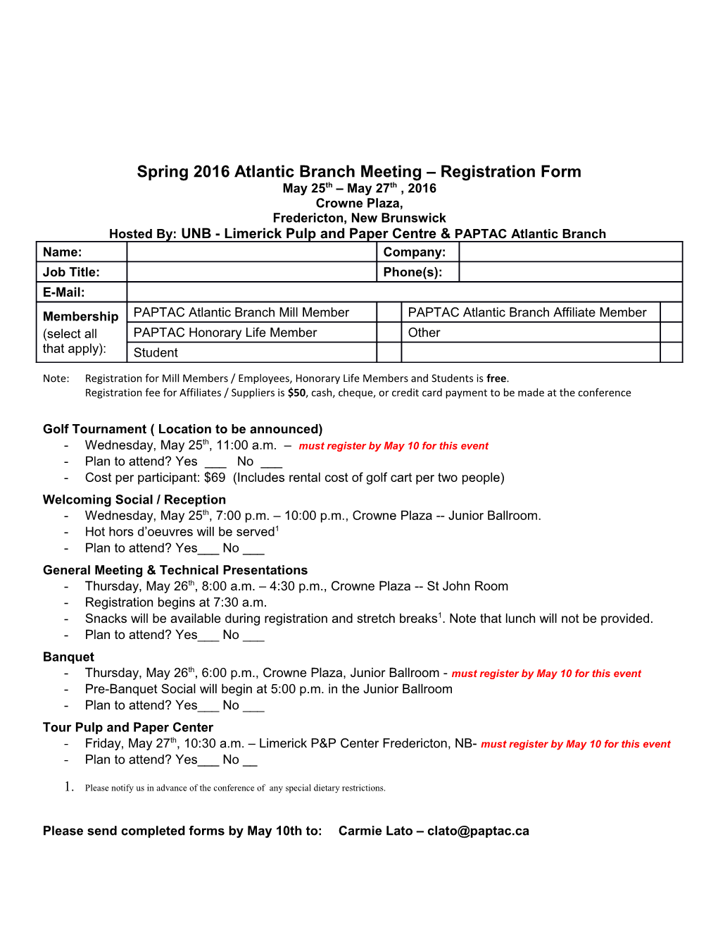 Spring 2016 Atlantic Branch Meeting Registration Form