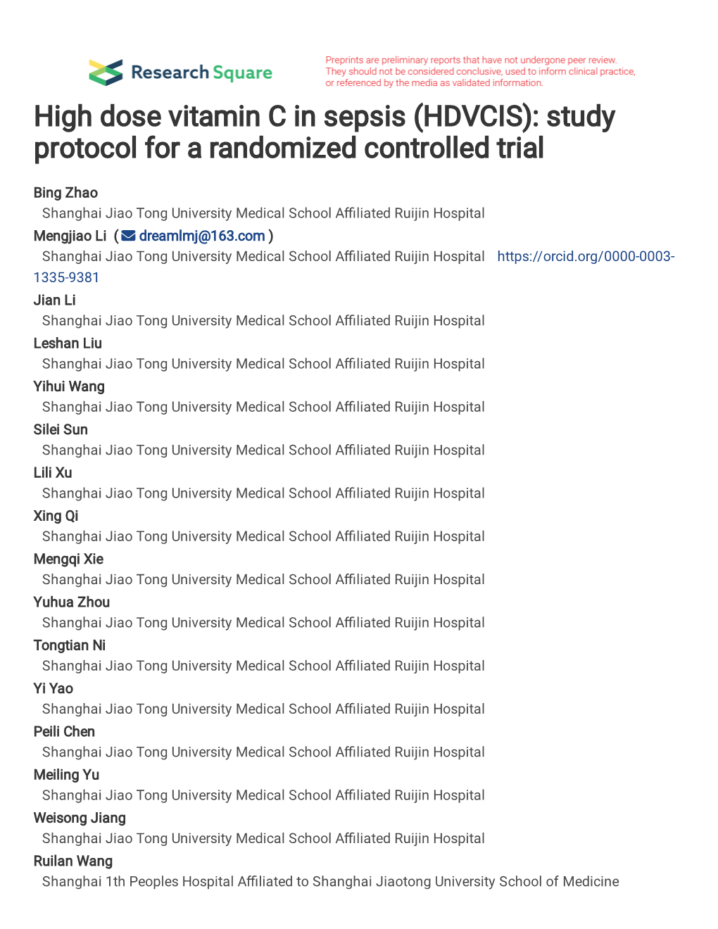 High Dose Vitamin C in Sepsis (HDVCIS): Study Protocol for a Randomized Controlled Trial