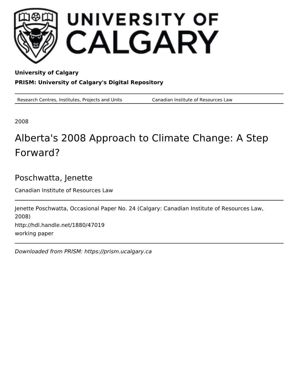 Alberta's 2008 Approach to Climate Change: a Step Forward?