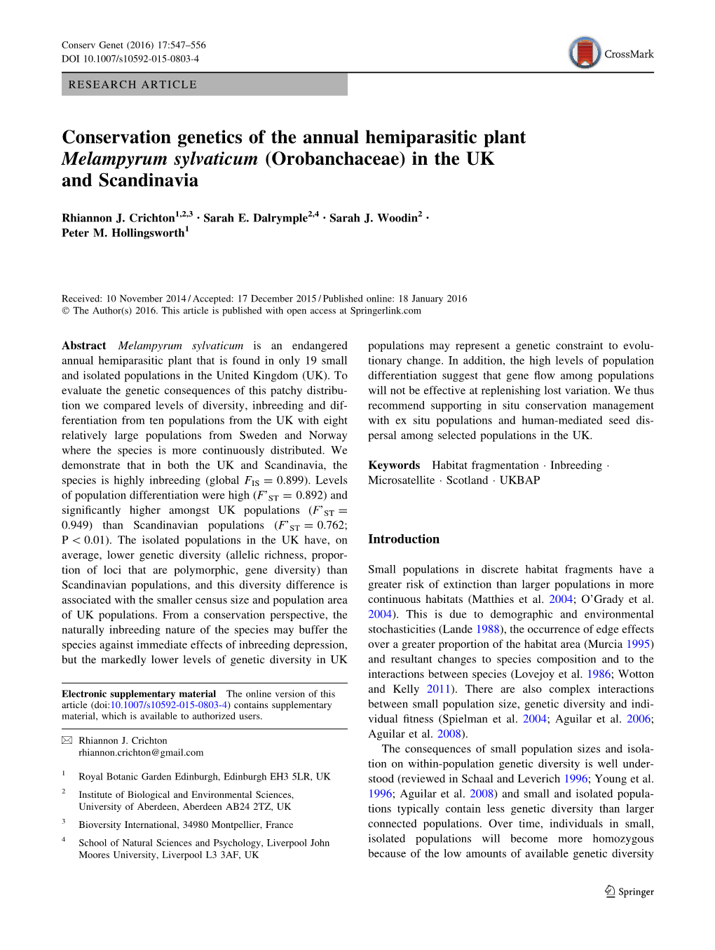 Conservation Genetics of the Annual Hemiparasitic Plant Melampyrum Sylvaticum (Orobanchaceae) in the UK and Scandinavia