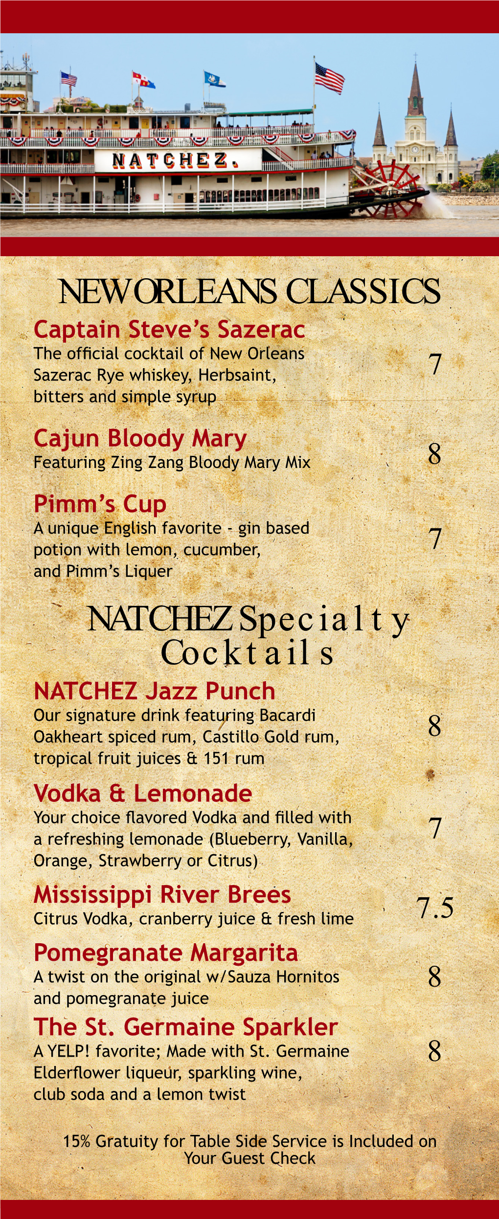 NEW ORLEANS CLASSICS NATCHEZ Specialty Cocktails
