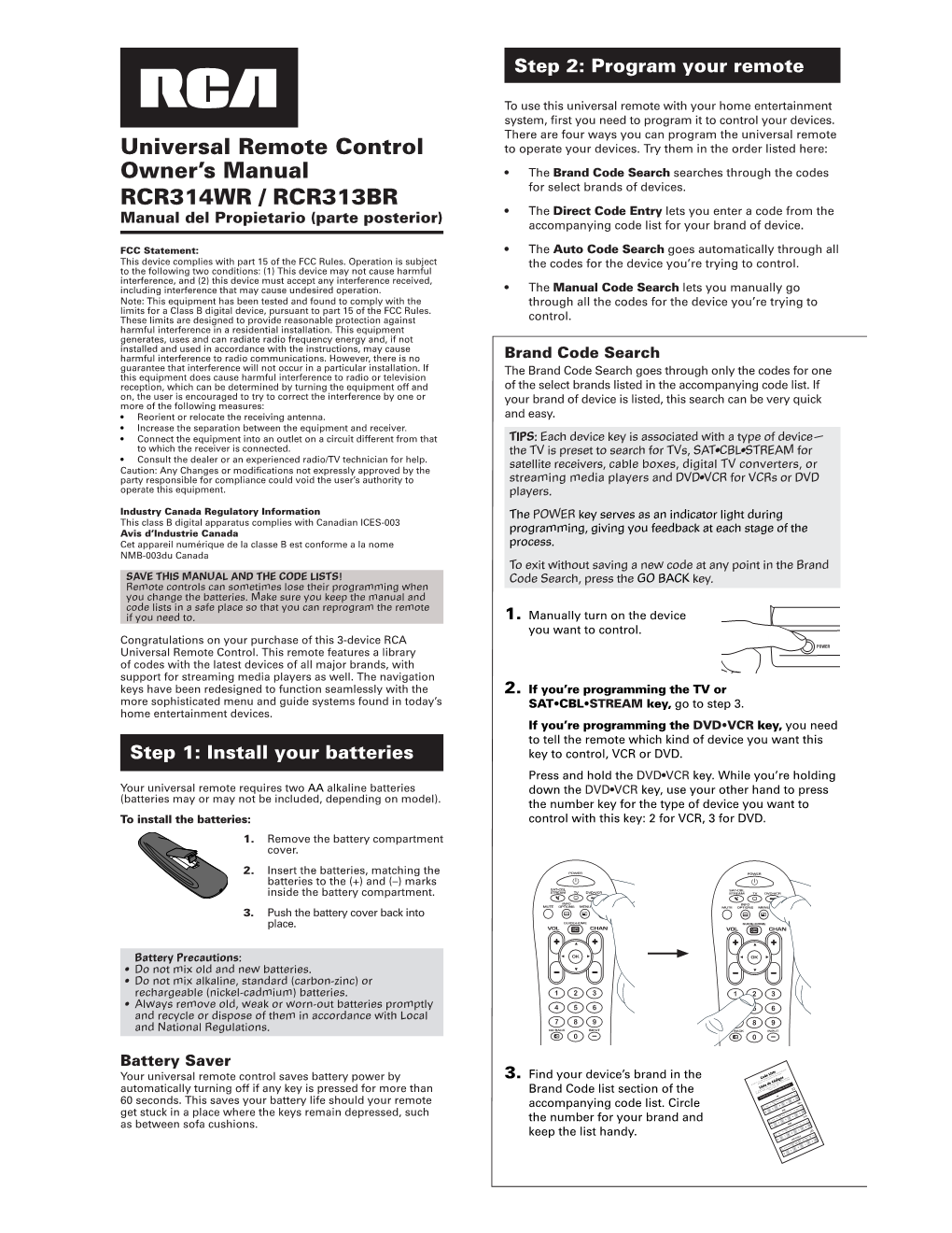 Universal Remote Control Owner's Manual RCR314WR / RCR313BR