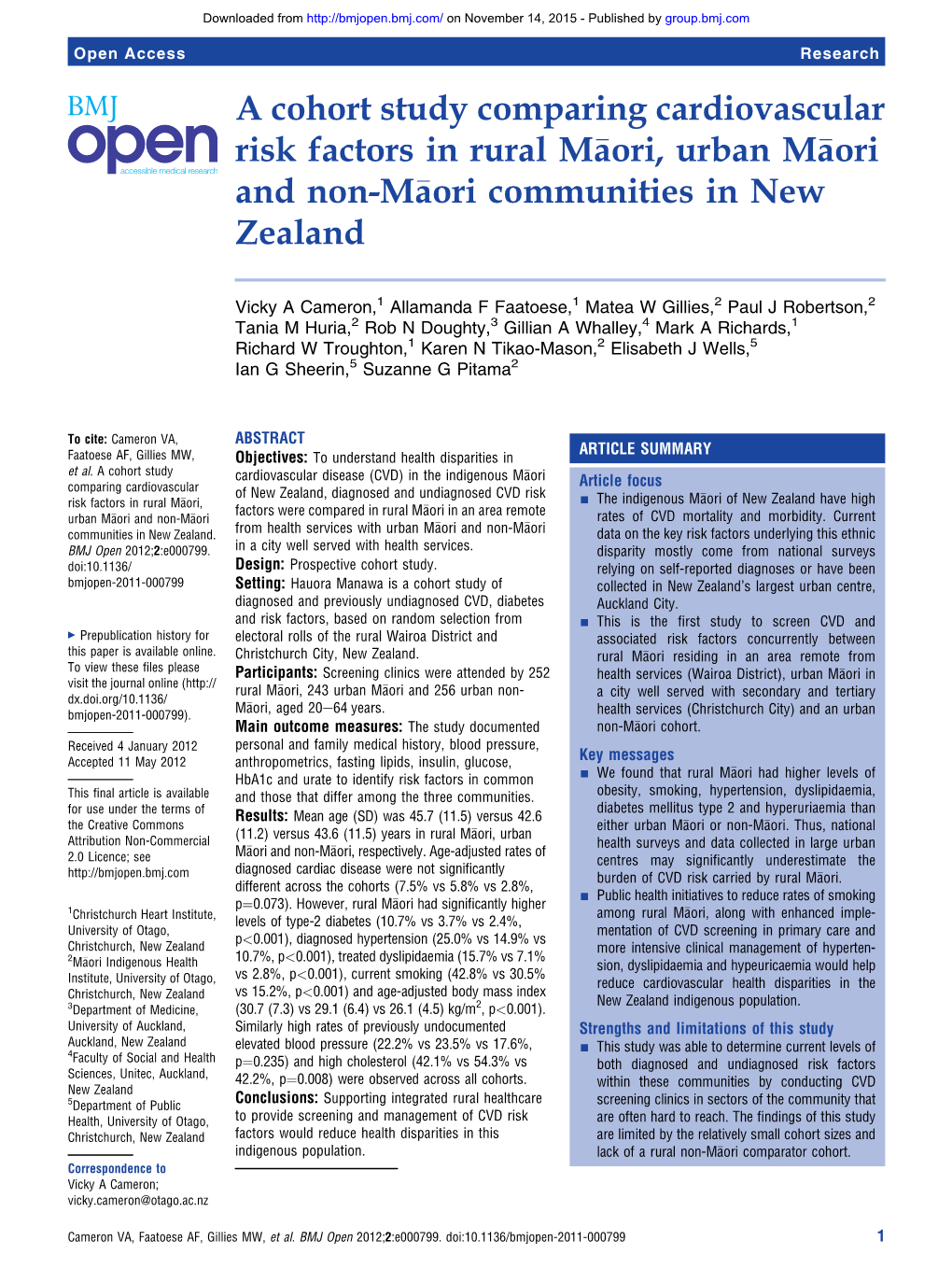 A Cohort Study Comparing Cardiovascular Risk Factors in Rural Maori, Urban Maori and Non-Maori Communities in New Zealand
