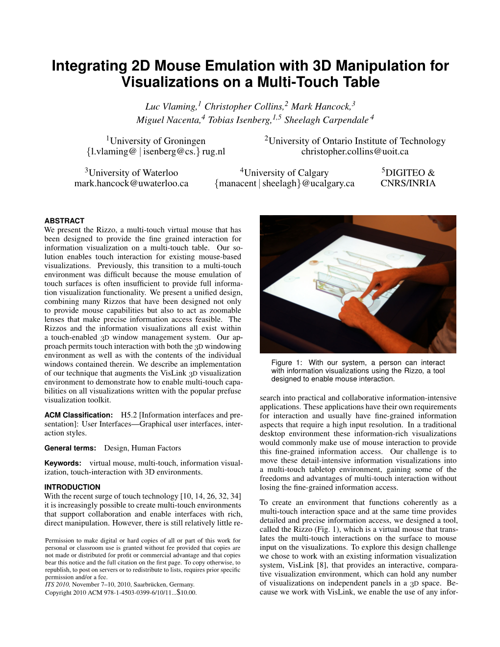 Integrating 2D Mouse Emulation with 3D Manipulation for Visualizations on a Multi-Touch Table