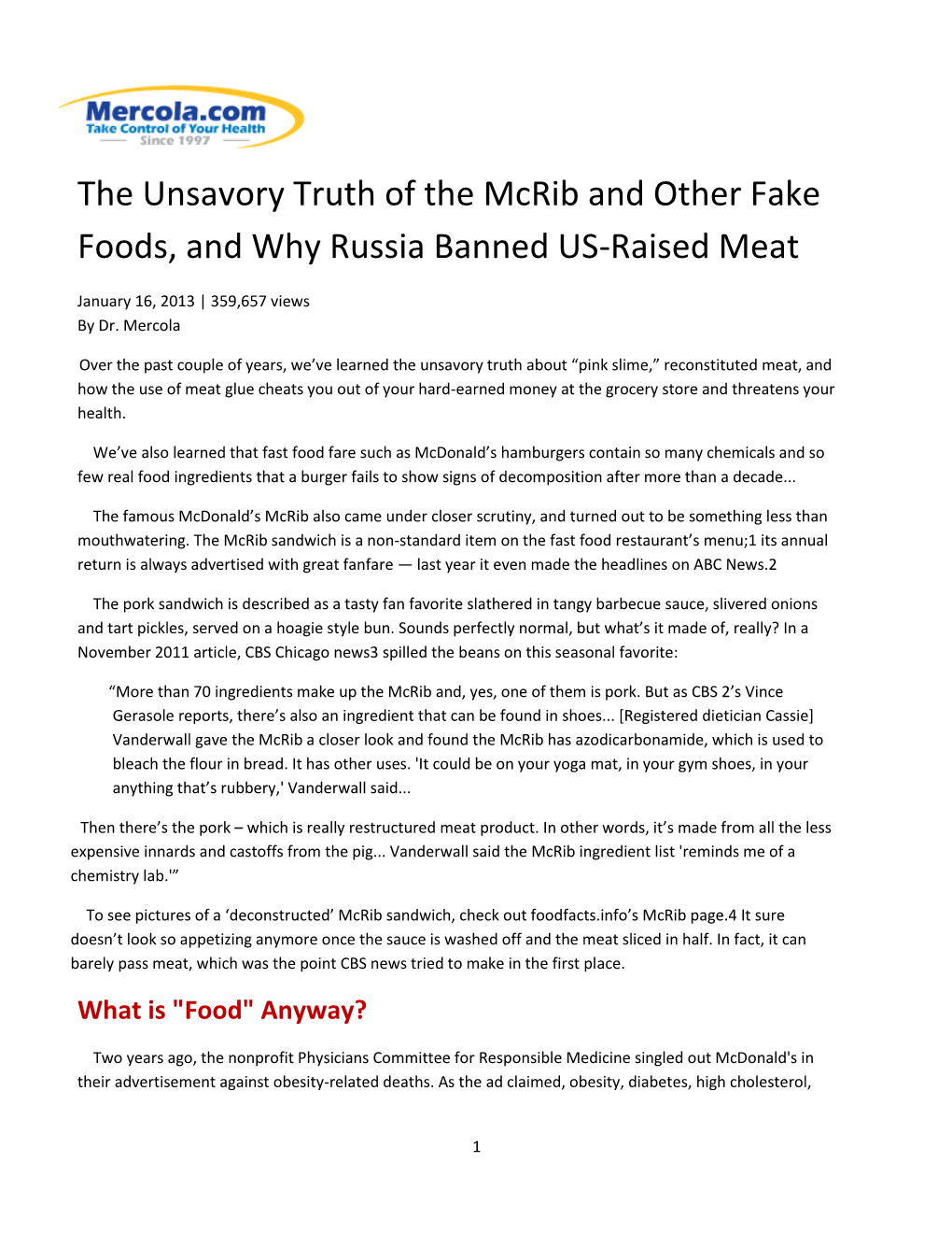 The Unsavory Truth of the Mcrib and Other Fake Foods, and Why Russia Banned US-Raised Meat