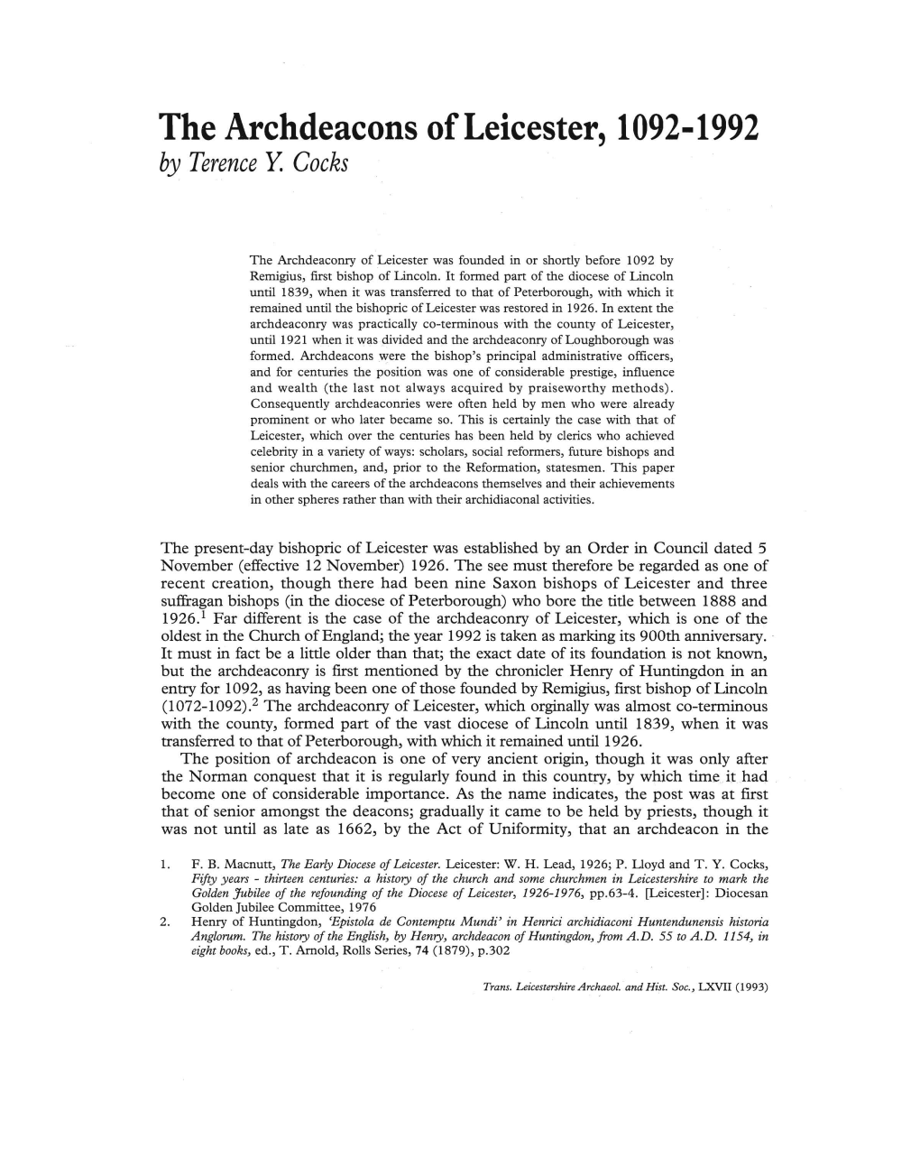 The Archdeacons of Leicester, 1092-1992 by Terence Y