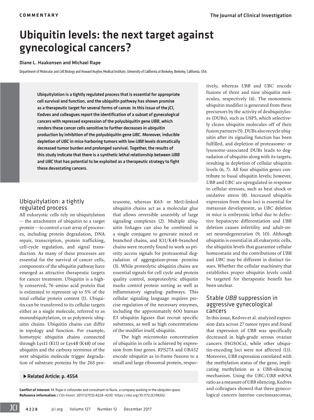 Ubiquitin Levels: the Next Target Against Gynecological Cancers?