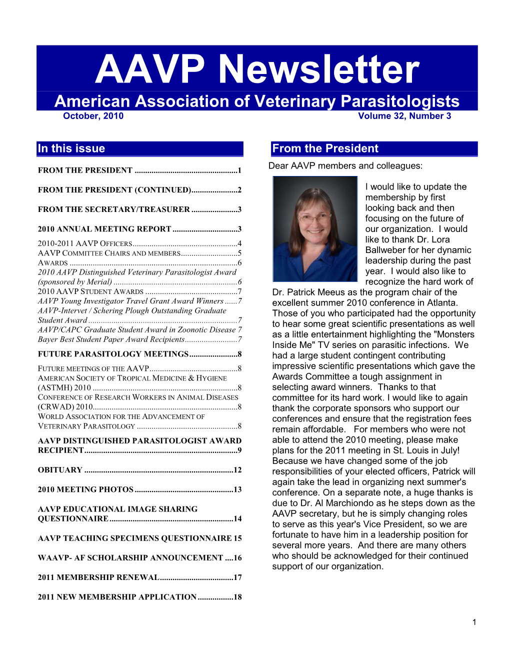 AAVP Newsletter American Association of Veterinary Parasitologists October, 2010 Volume 32, Number 3