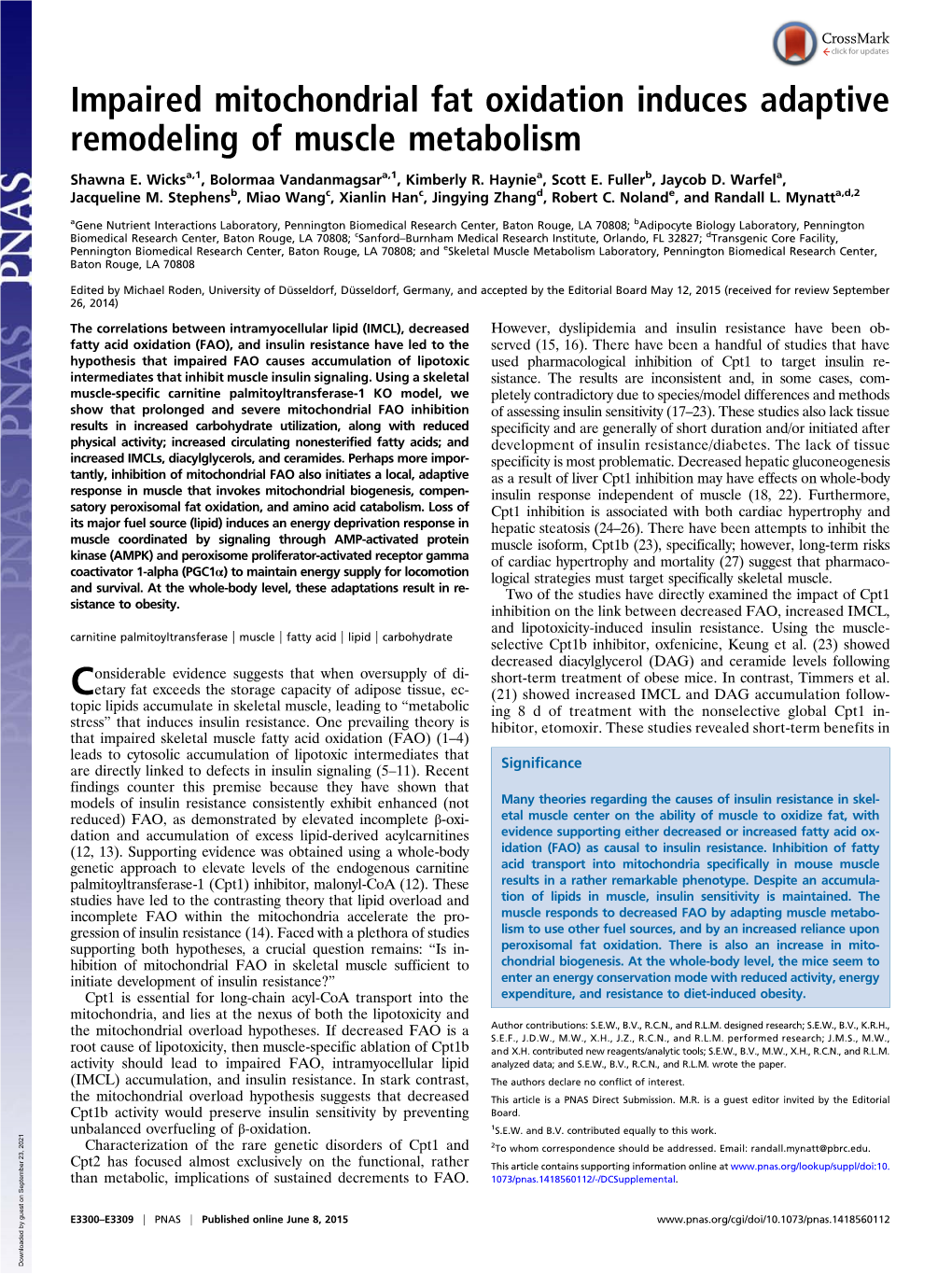 Impaired Mitochondrial Fat Oxidation Induces Adaptive Remodeling of Muscle Metabolism