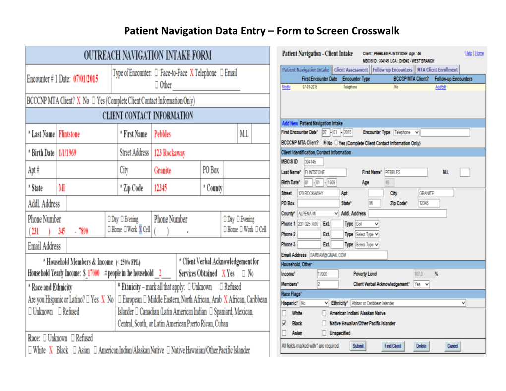 Patient Navigation Data Entry Form to Screen Crosswalk