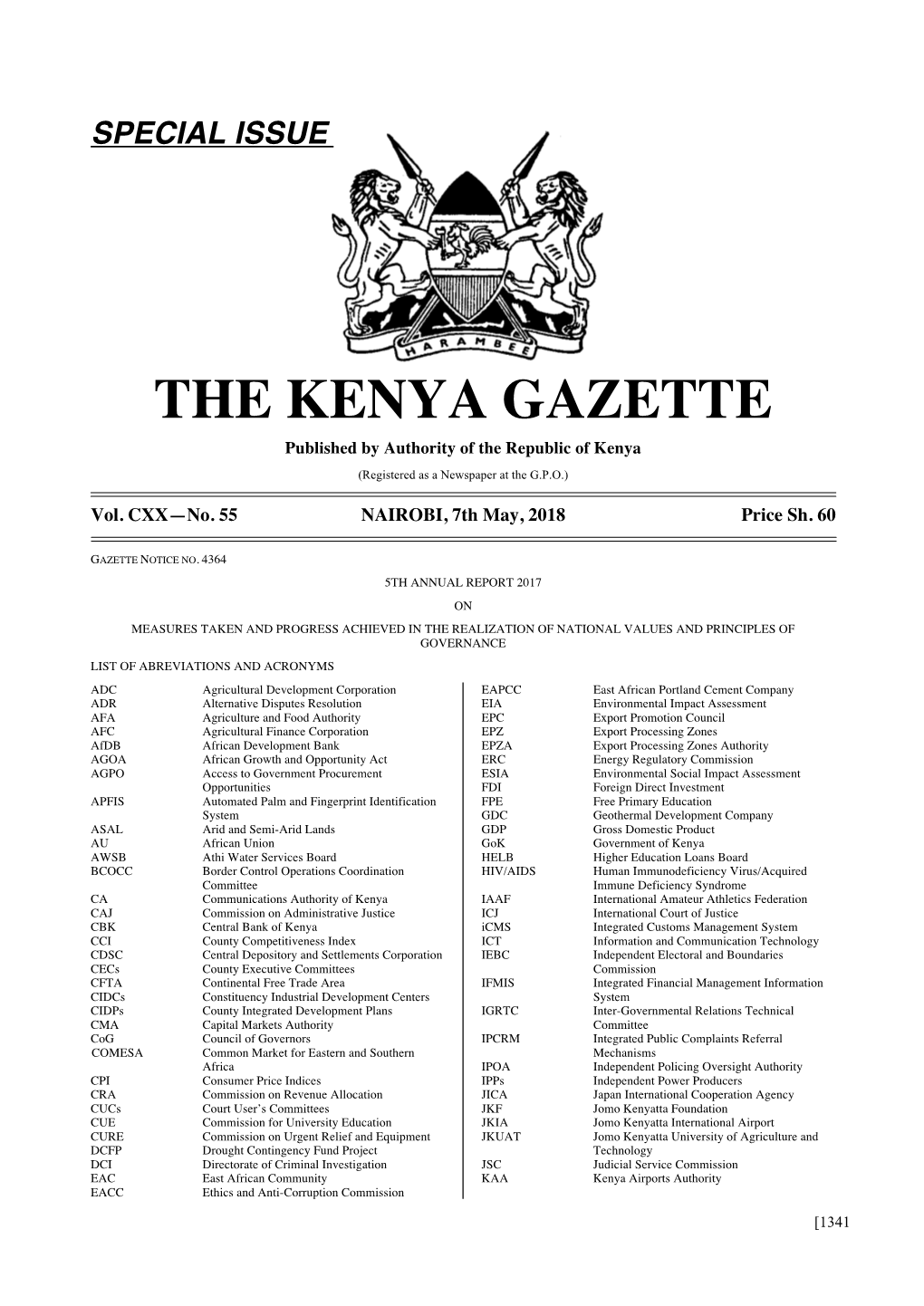 THE KENYA GAZETTE Published by Authority of the Republic of Kenya (Registered As a Newspaper at the G.P.O.)