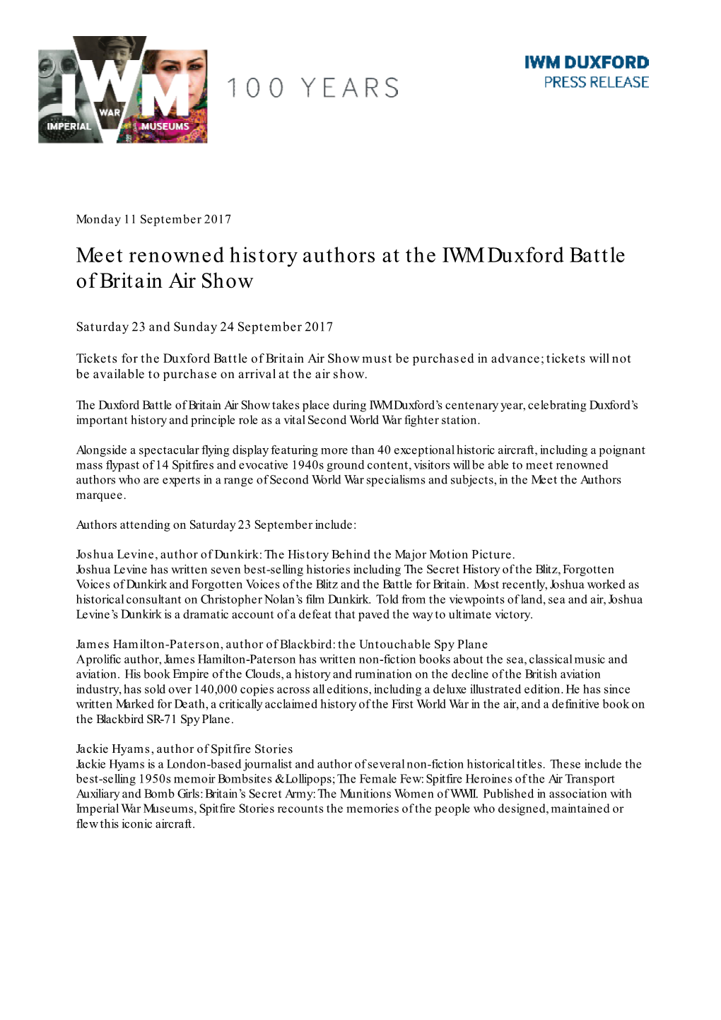 PRESS RELEASE Meet the Authors Duxford Battle of Britain Air Show FINAL