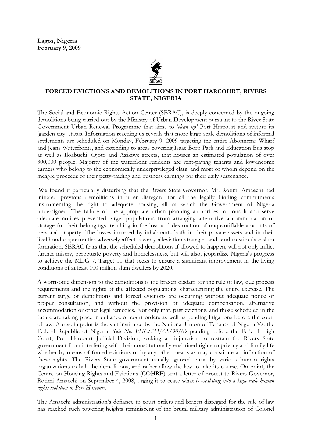 Application/Pdfpress Release SERAC Against Demolition in Port Harcourt