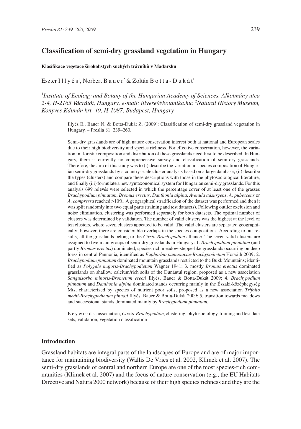 Classification of Semi-Dry Grassland Vegetation in Hungary