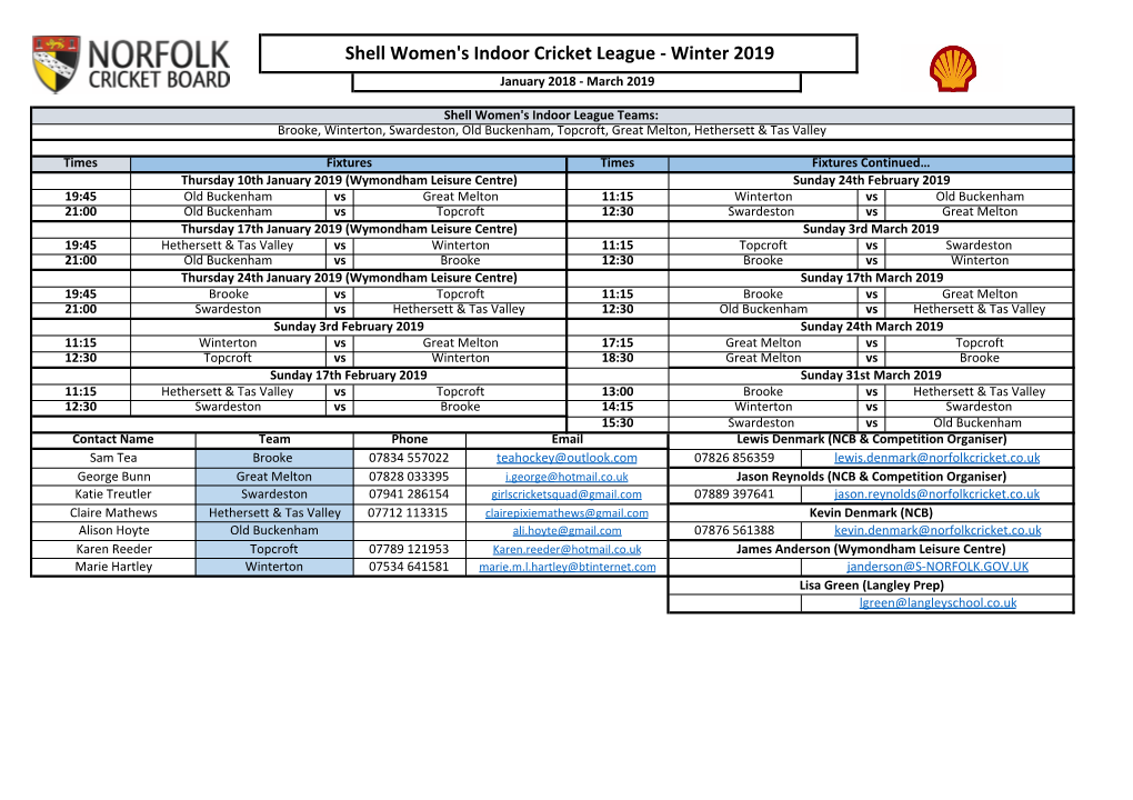 Shell Women's Indoor Cricket League - Winter 2019 January 2018 - March 2019