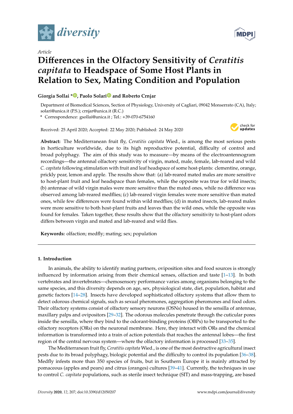 Differences in the Olfactory Sensitivity of Ceratitis Capitata to Headspace