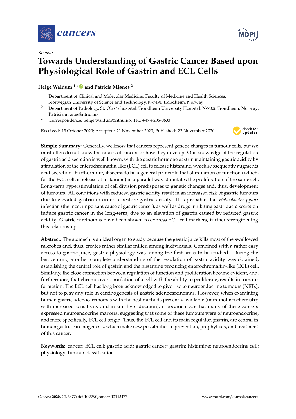 Towards Understanding of Gastric Cancer Based Upon Physiological Role of Gastrin and ECL Cells