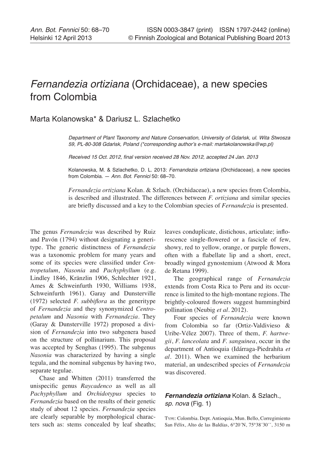 Fernandezia Ortiziana (Orchidaceae), a New Species from Colombia