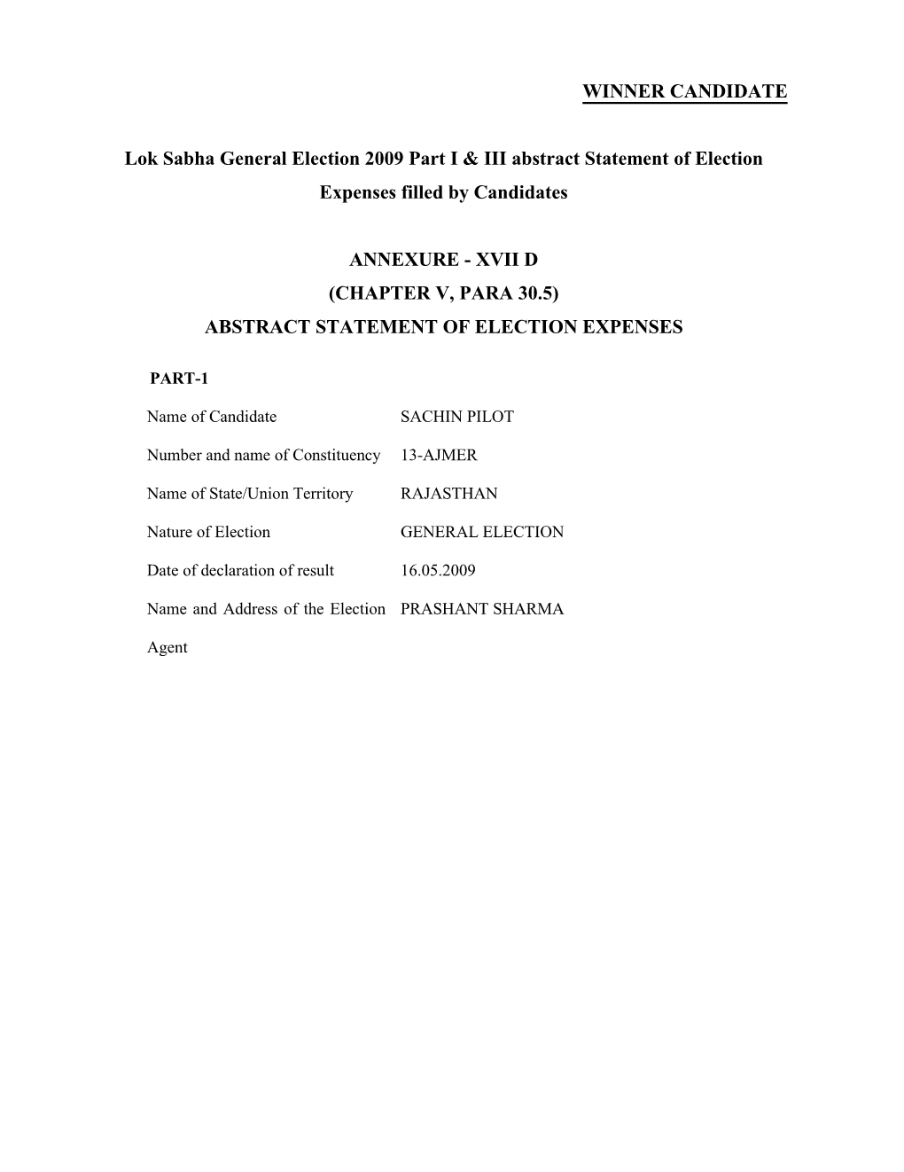 WINNER CANDIDATE Lok Sabha General Election 2009 Part I & III