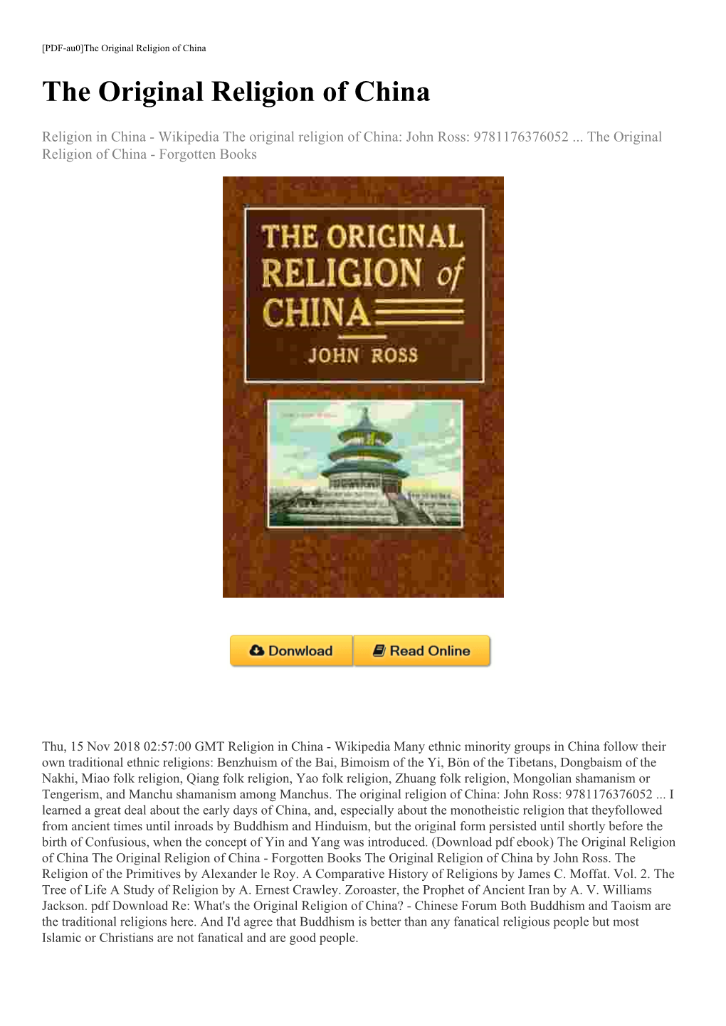 (Download Pdf Ebook) the Original Religion of China the Original Religion of China - Forgotten Books the Original Religion of China by John Ross