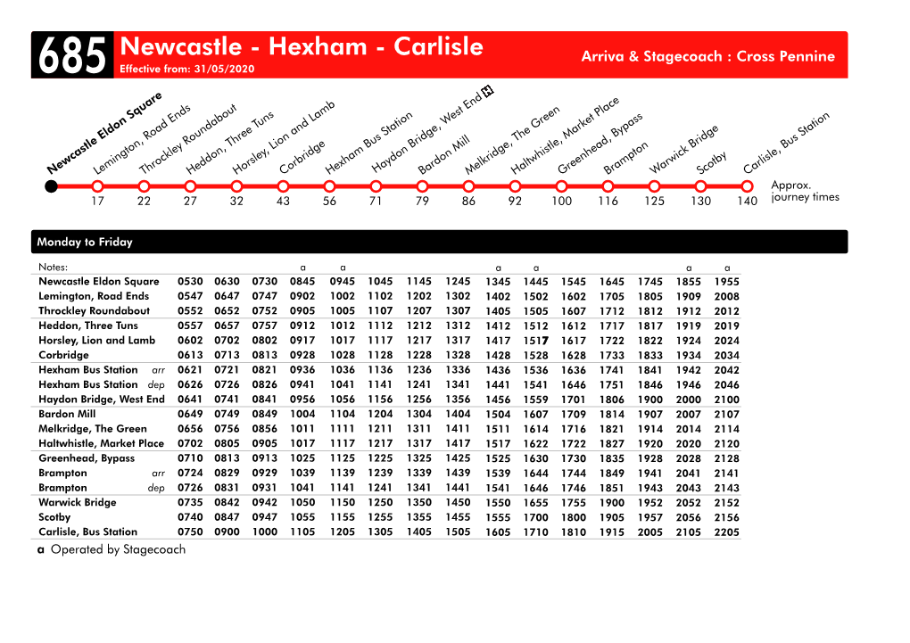 Newcastle - Hexham - Carlisle Arriva & Stagecoach : Cross Pennine 685 Effective From: 31/05/2020