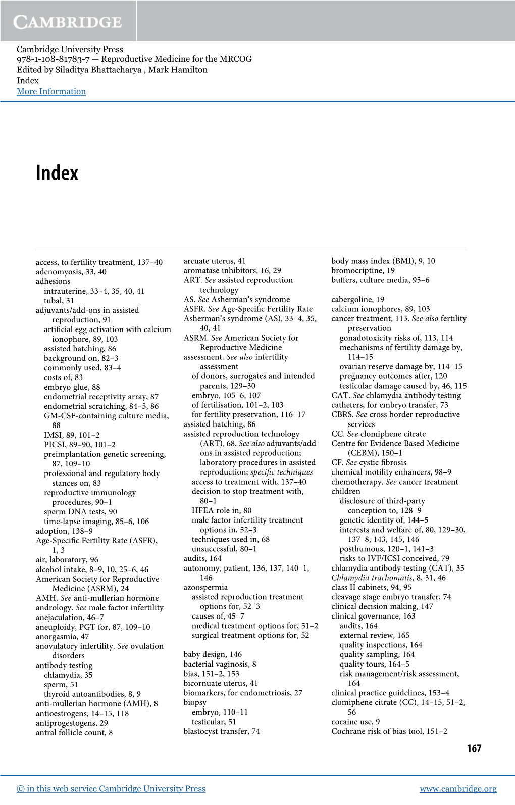 Cambridge University Press 978-1-108-81783-7 — Reproductive Medicine for the MRCOG Edited by Siladitya Bhattacharya , Mark Hamilton Index More Information