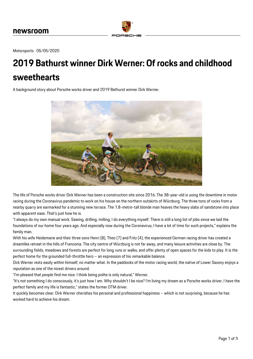2019 Bathurst Winner Dirk Werner: of Rocks and Childhood Sweethearts a Background Story About Porsche Works Driver and 2019 Bathurst Winner Dirk Werner