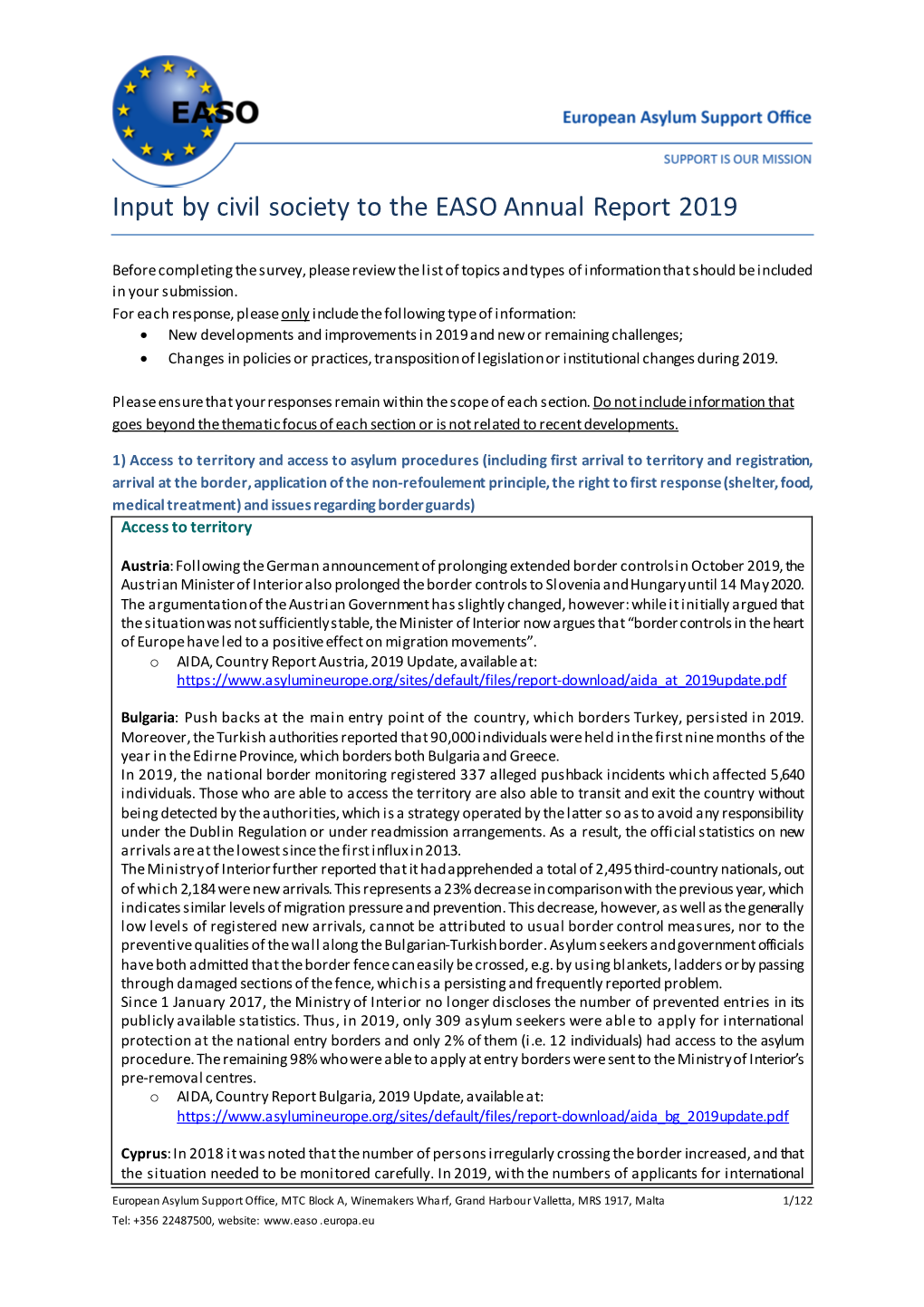 Input by Civil Society to the EASO Annual Report 2019