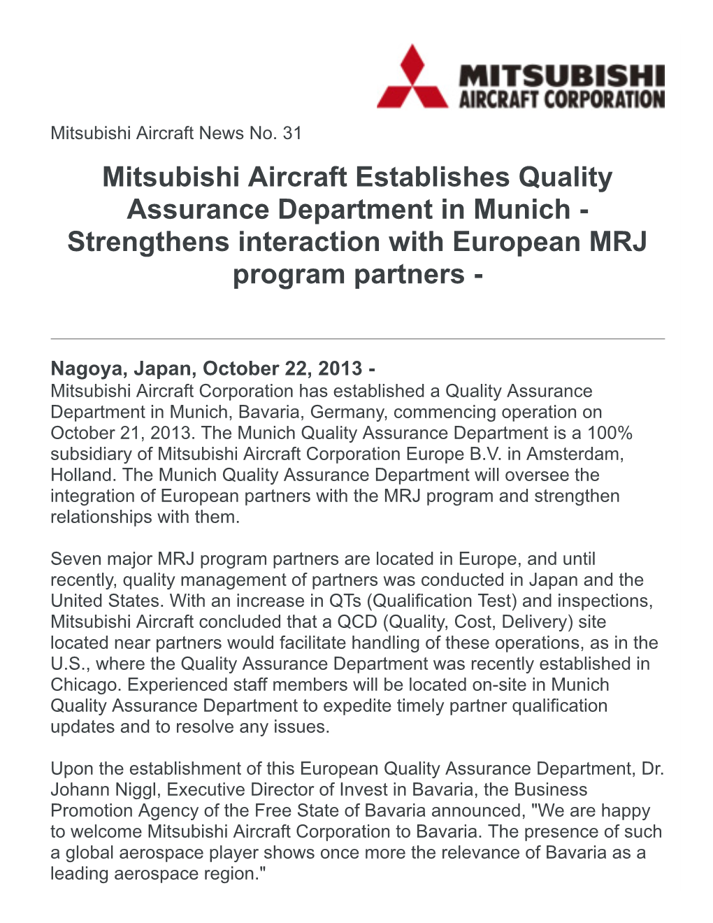 Mitsubishi Aircraft Establishes Quality Assurance Department in Munich - Strengthens Interaction with European MRJ Program Partners