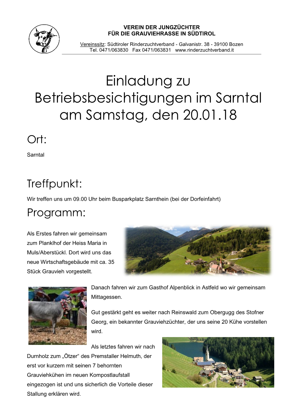 Einladung Zu Betriebsbesichtigungen Im Sarntal Am Samstag, Den 20.01.18
