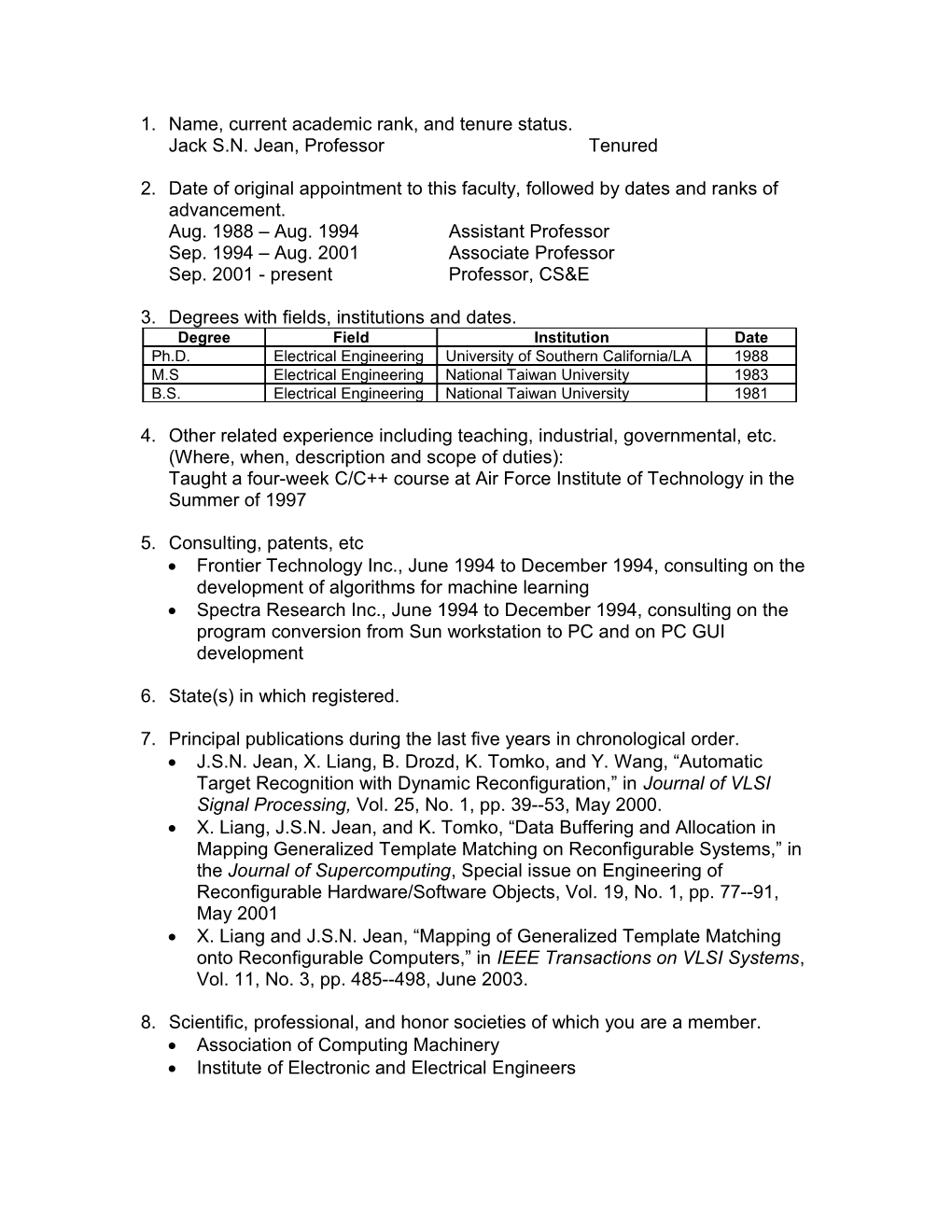 1. Name, Current Academic Rank, and Tenure Status