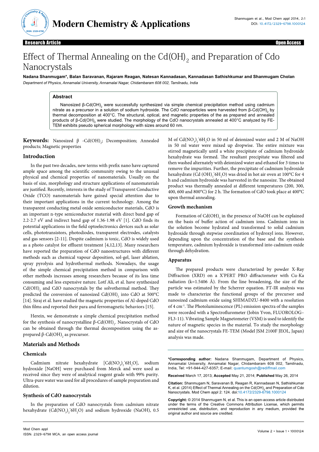 Effect of Thermal Annealing on the Cd(OH)2 and Preparation of Cdo