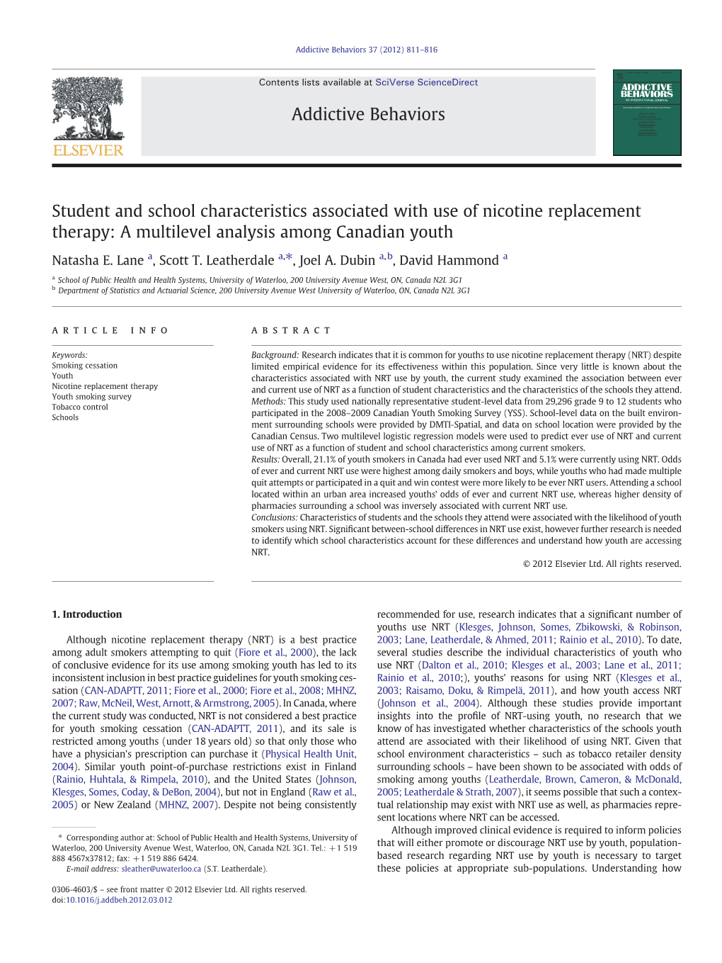 Student and School Characteristics Associated with Use of Nicotine Replacement Therapy: a Multilevel Analysis Among Canadian Youth