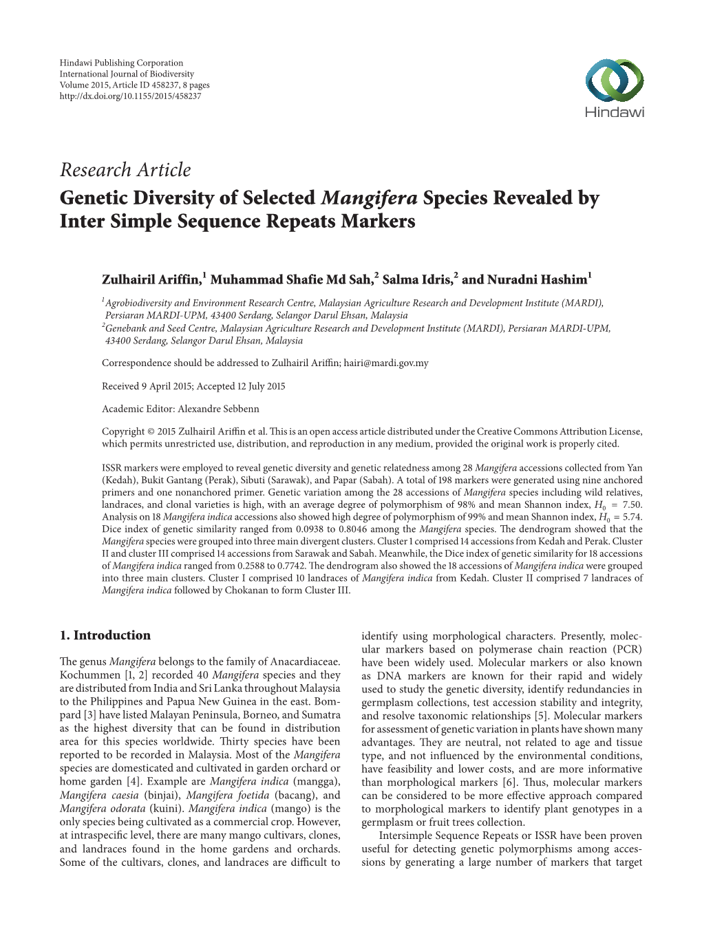 Genetic Diversity of Selected Mangifera Species Revealed by Inter Simple Sequence Repeats Markers