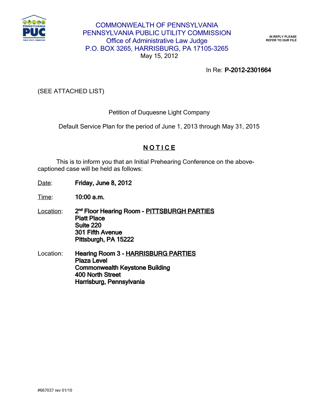 Pittsburgh Prehearing Conference Notice