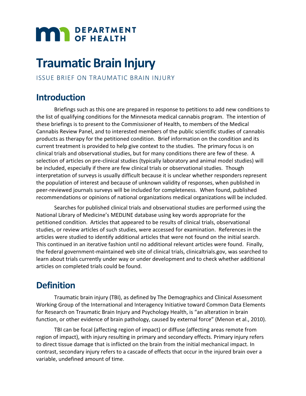 Traumatic Brain Injury ISSUE BRIEF on TRAUMATIC BRAIN INJURY