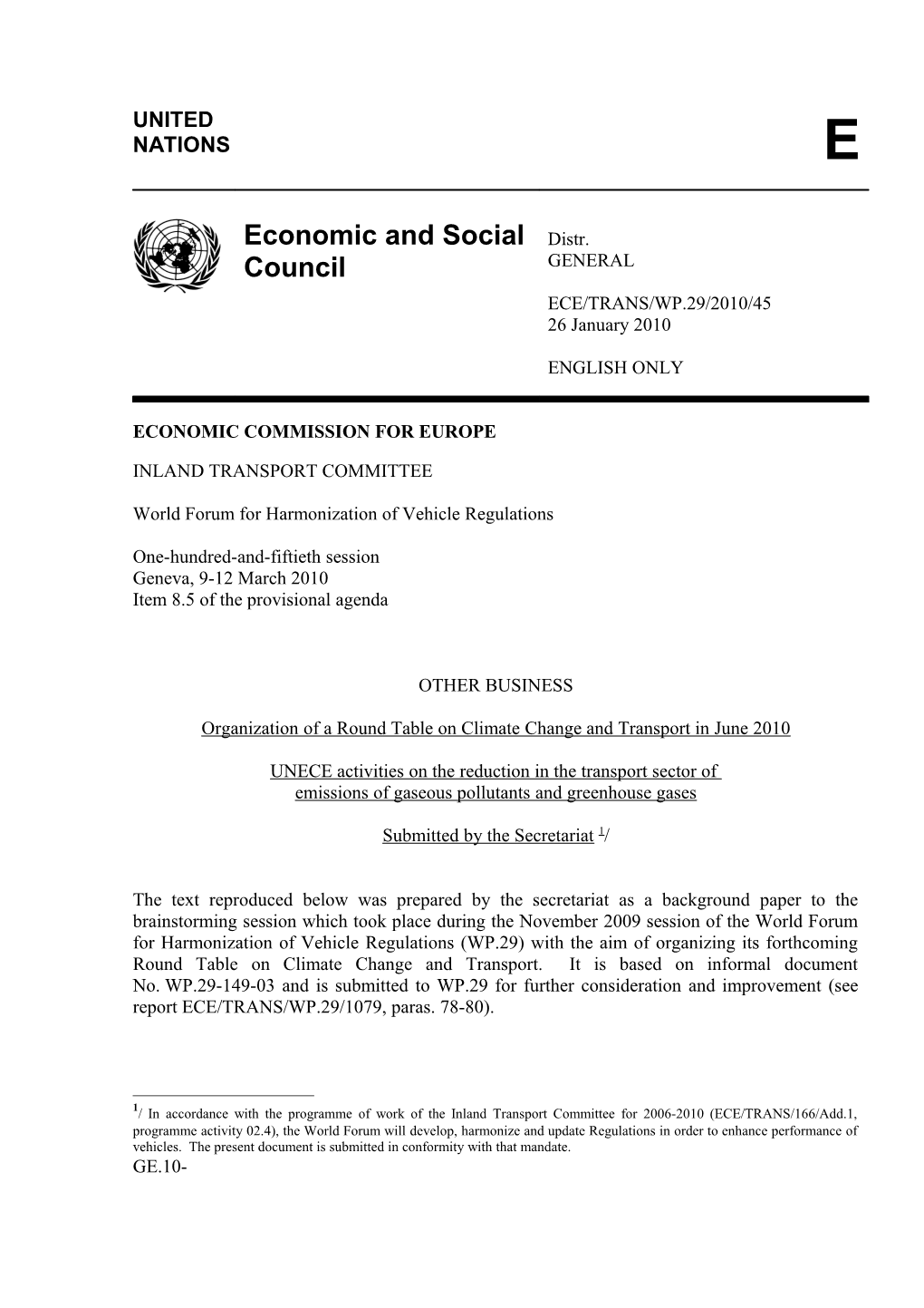 UNECE Activities On Global Warming And Transport