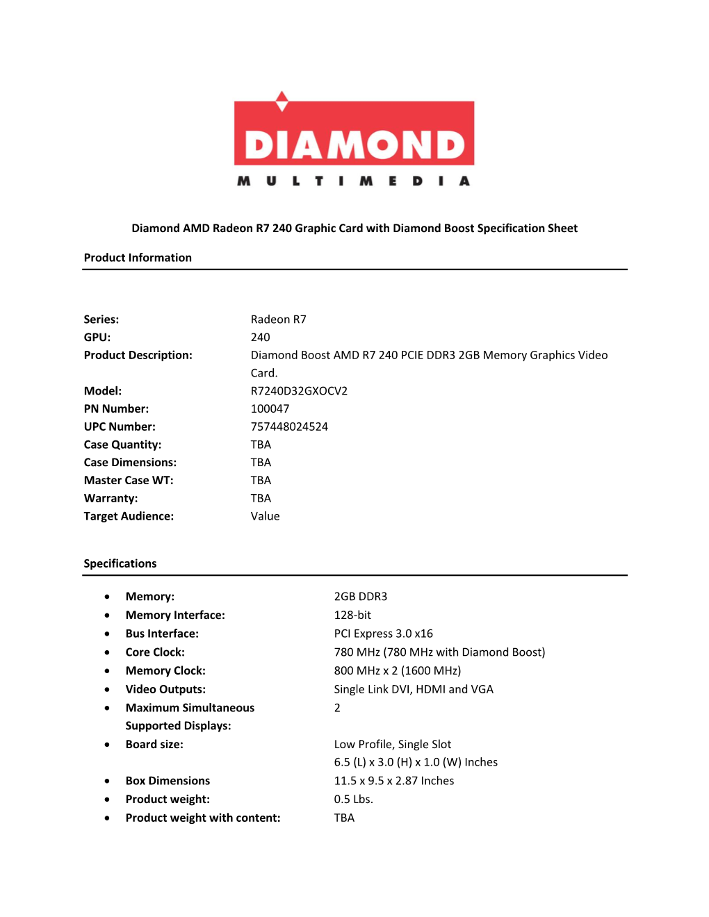 Radeon R7 240 Graphic Card with Diamond Boost Specification Sheet