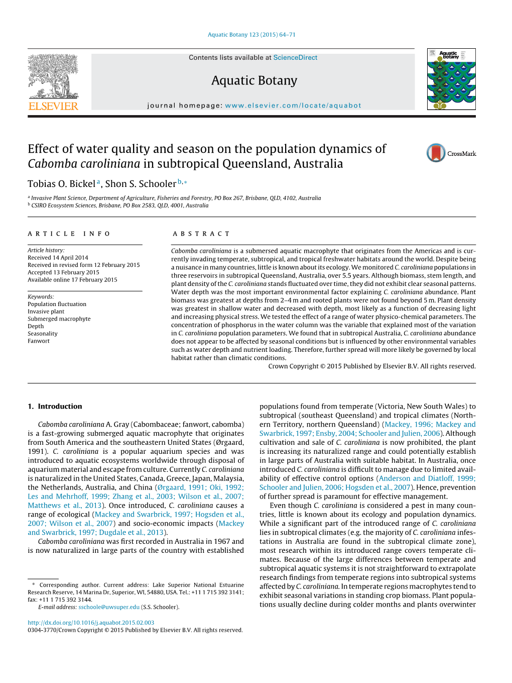 Effect of Water Quality and Season on the Population Dynamics of Cabomba Caroliniana in Subtropical Queensland, Australia