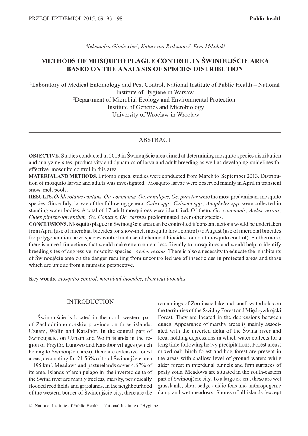 Methods of Mosquito Plague Control in Świnoujście Area Based on the Analysis of Species Distribution