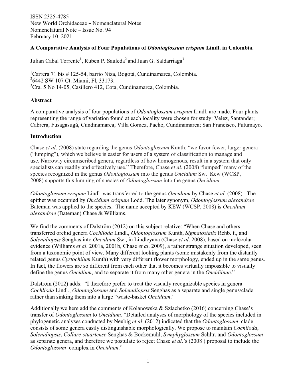 A Comparative Analysis of Four Populations of Odontoglossum Crispum Lindl