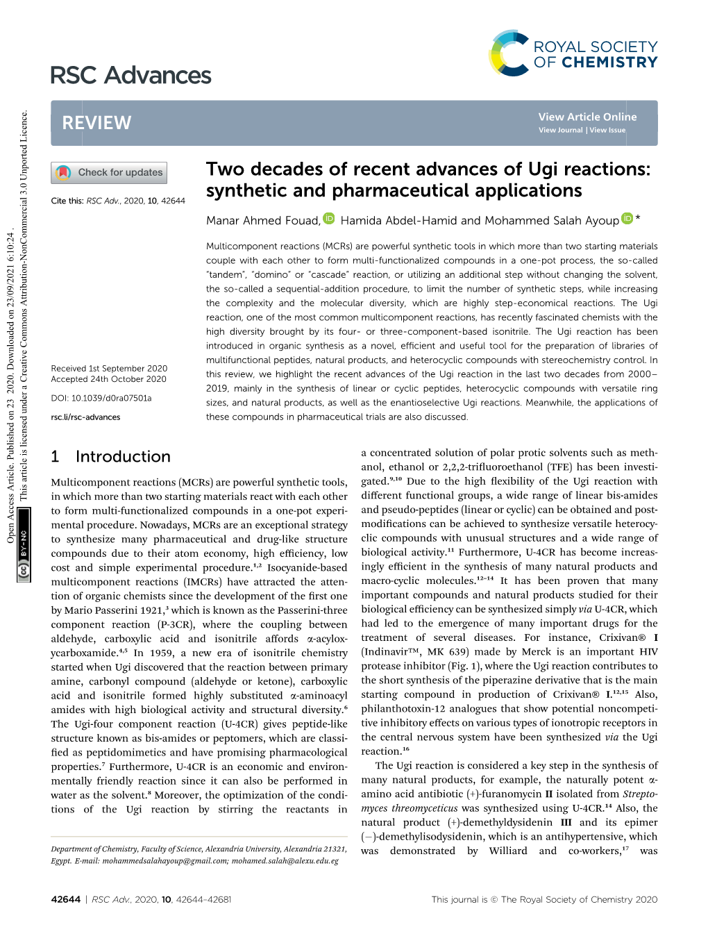 Two Decades of Recent Advances of Ugi Reactions