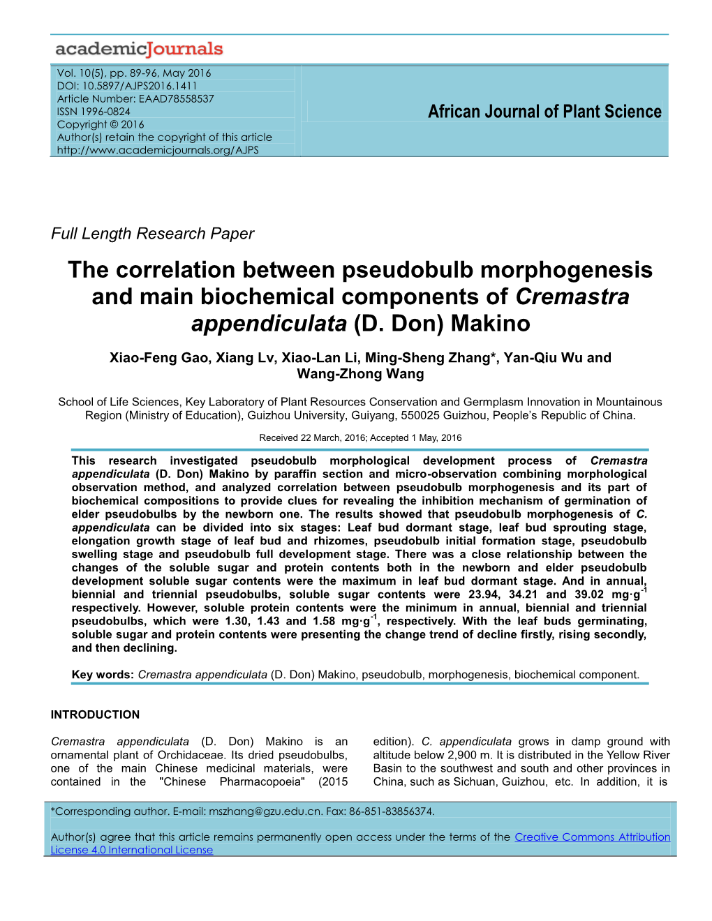 The Correlation Between Pseudobulb Morphogenesis and Main Biochemical Components of Cremastra Appendiculata (D